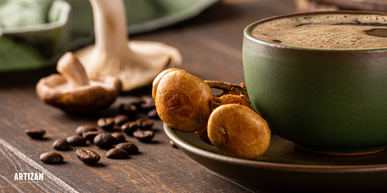 An image of a mushroom coffee with a coffee bean and mushroom