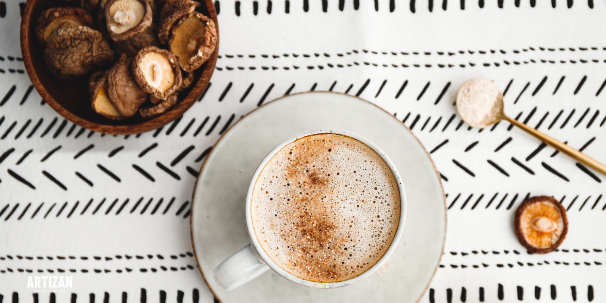 an image of cup of coffee and a bowl full of mushroom