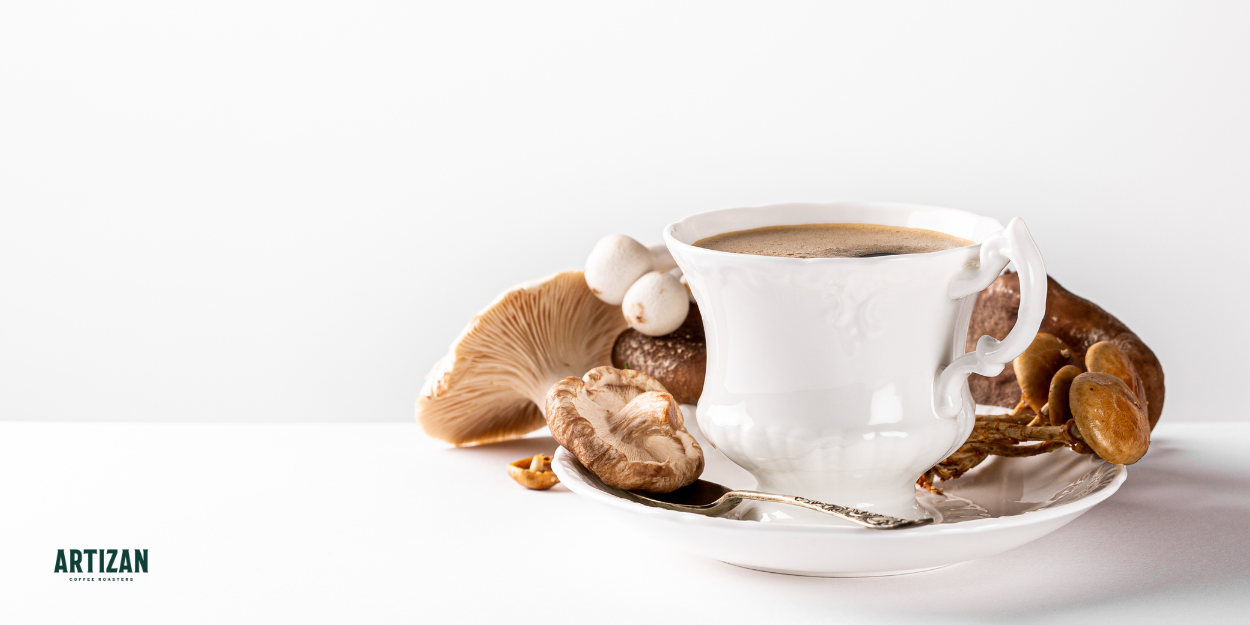 an image of a mushroom coffee beside with mushrooms