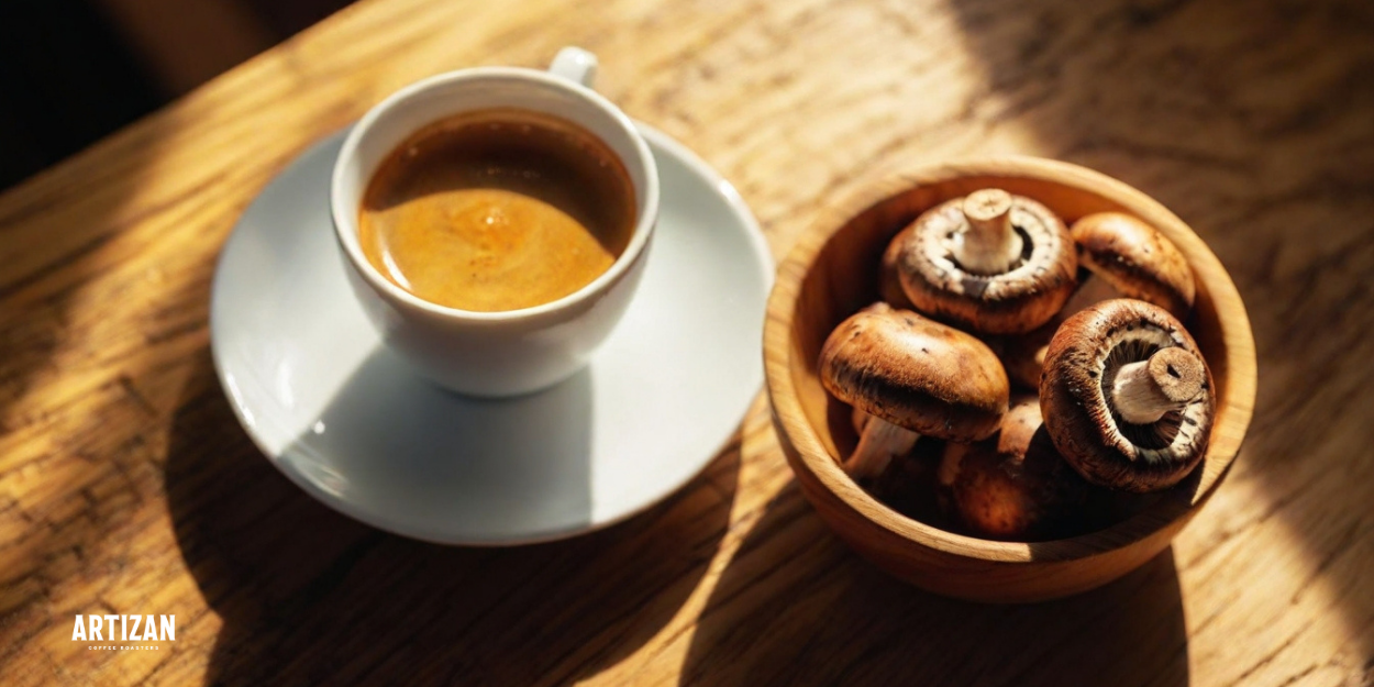 A cup of coffee and a wooden bowl full of mushroom