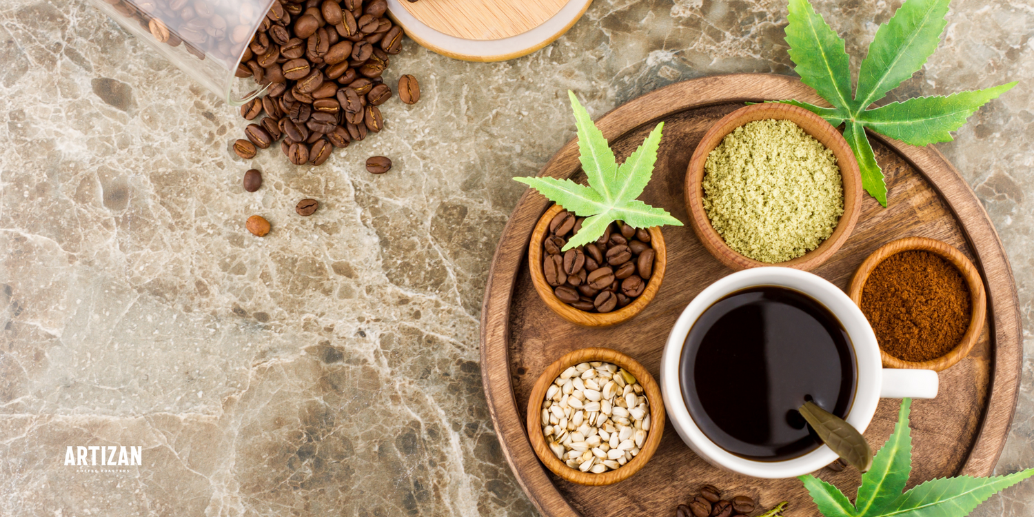 An image of hemp coffee with beans and powder