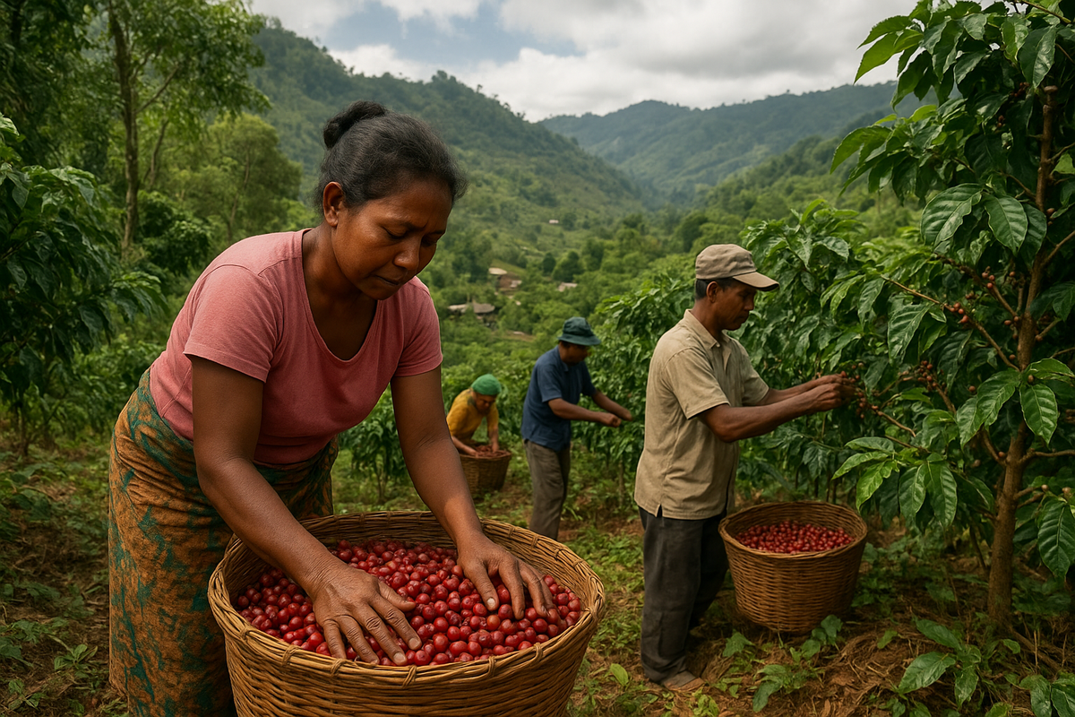 Coffee farmers harvesting beans in lush mountainous region of Timo