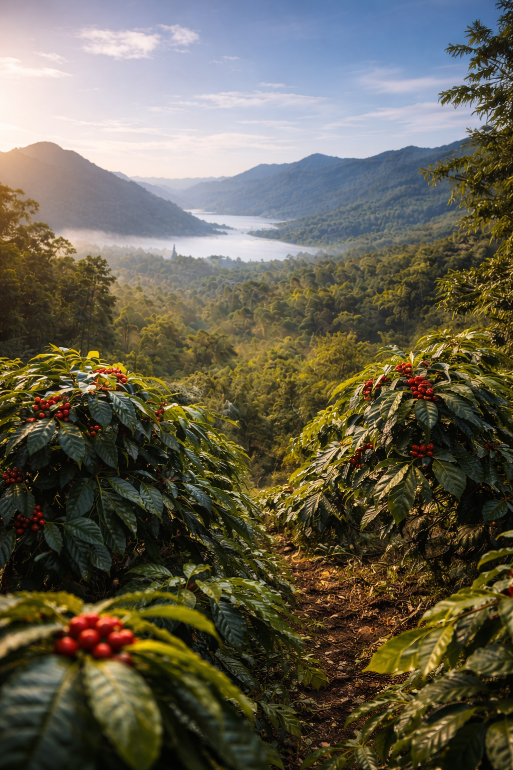"Lush coffee plantation in the Gayo Highlands of Sumatra, Indonesia, with ripe red coffee cherries on the plants, misty tropical forests in the background, and Lake Laut Tawar visible in the distance under soft morning sunlight.