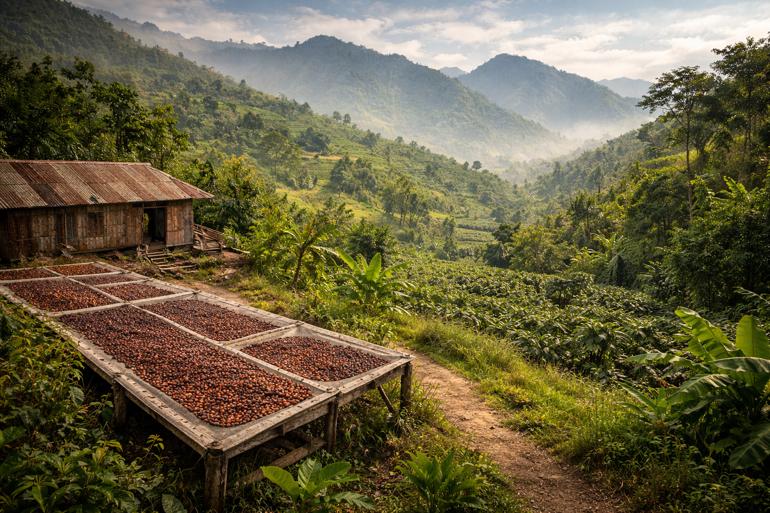 Organic coffee farm in Ermera, Timor-Leste, showing smallholder farmers' shade-grown coffee plants drying on raised patios with lush volcanic mountains in the background.