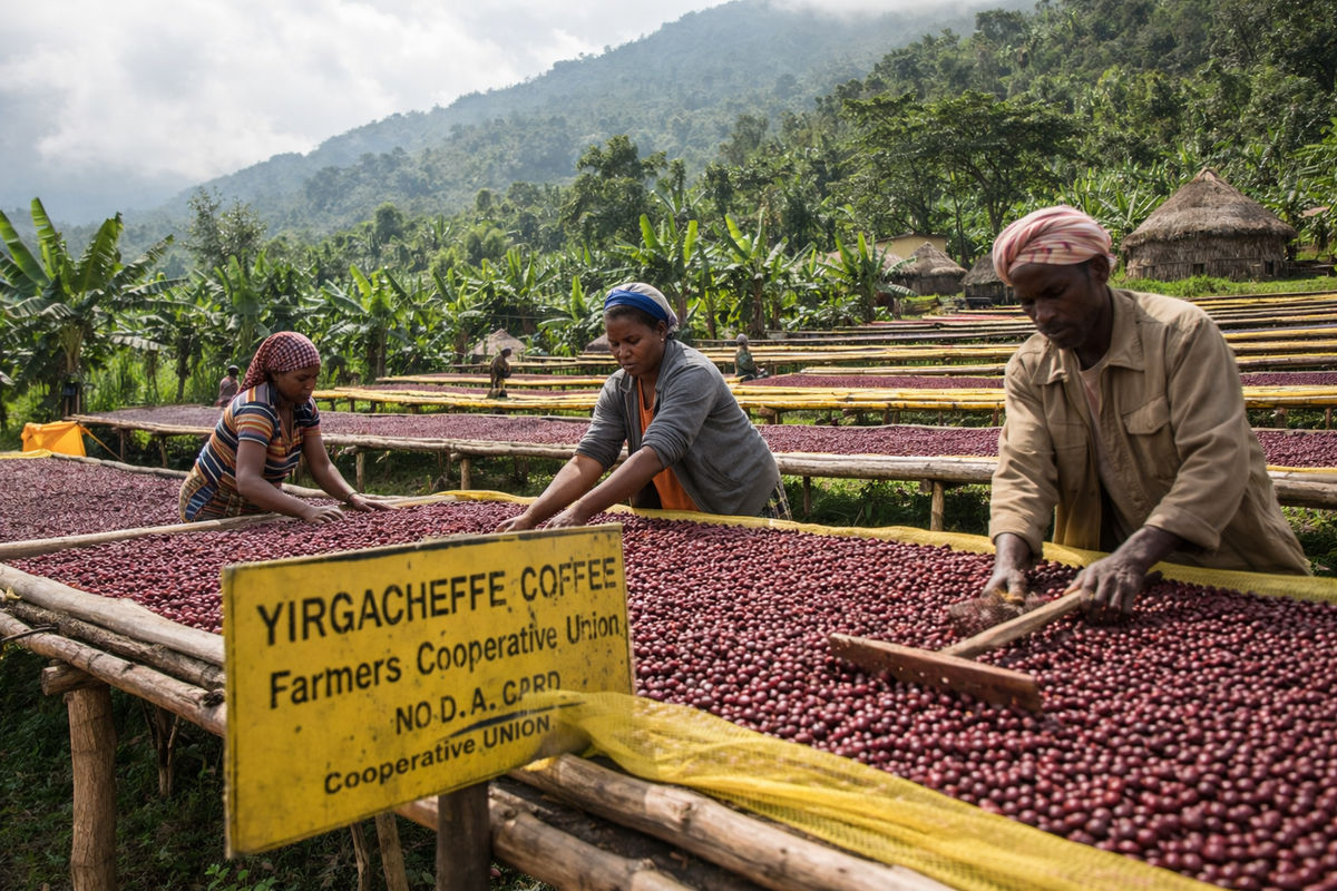 Organic Ethiopia Yirgacheffe coffee farm in southern Ethiopia, where smallholder farmers sun-dry natural coffee cherries on raised beds in the highland growing region.