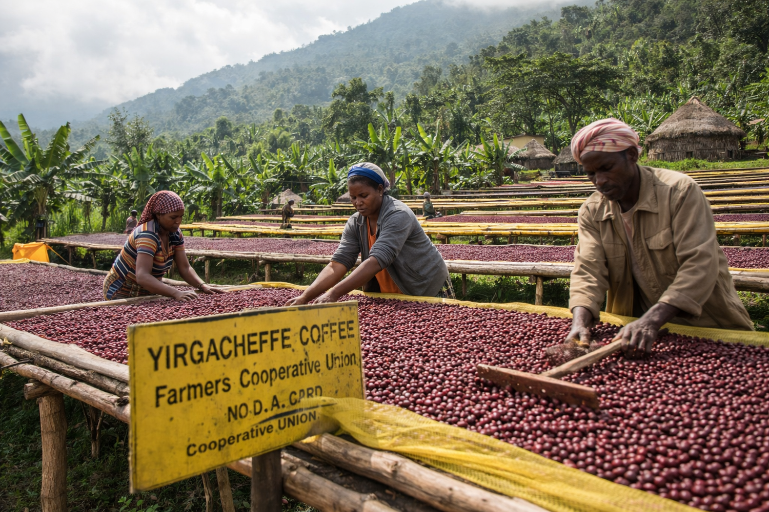 Organic Ethiopia Yirgacheffe coffee farm in southern Ethiopia, where smallholder farmers sun-dry natural coffee cherries on raised beds in the highland growing region.