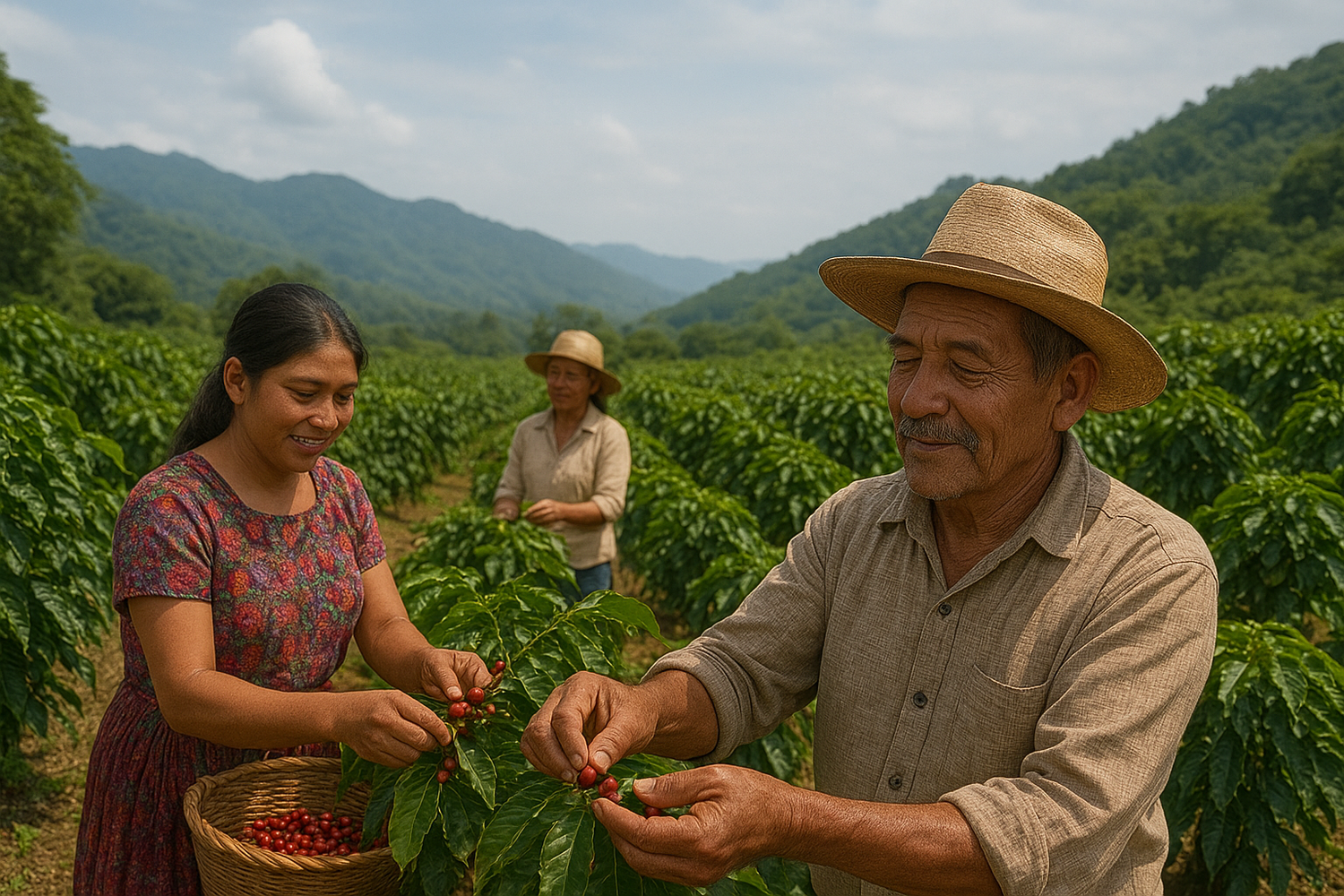 Chiapas coffee farmers harvesting organic arabica coffee cherries in Mexico’s highlands, surrounded by lush green plantations and mountain scenery — sustainable smallholder coffee farming.