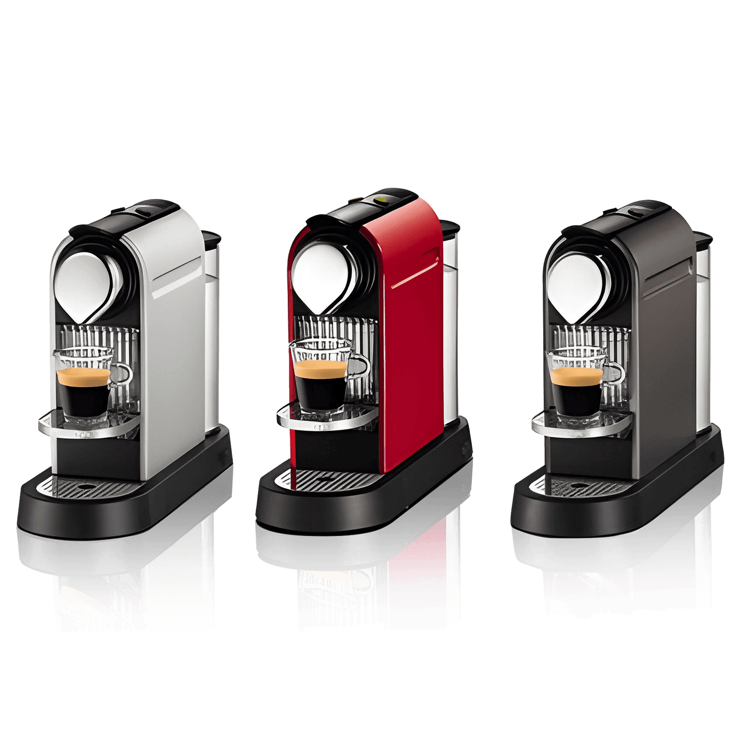 Nespresso Citiz espresso machines in silver, red, and black finishes brewing espresso into glass cups, front view on black background.