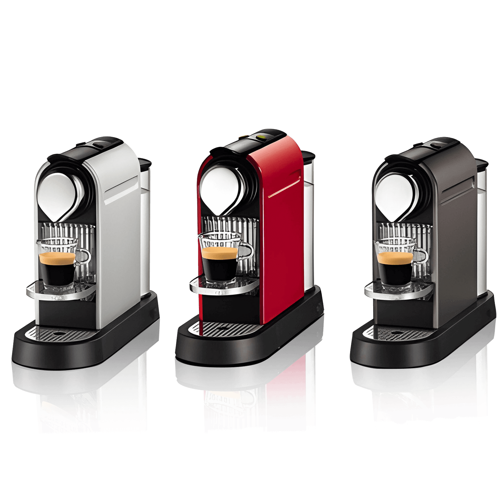 Nespresso Citiz espresso machines in silver, red, and black finishes brewing espresso into glass cups, front view on black background.