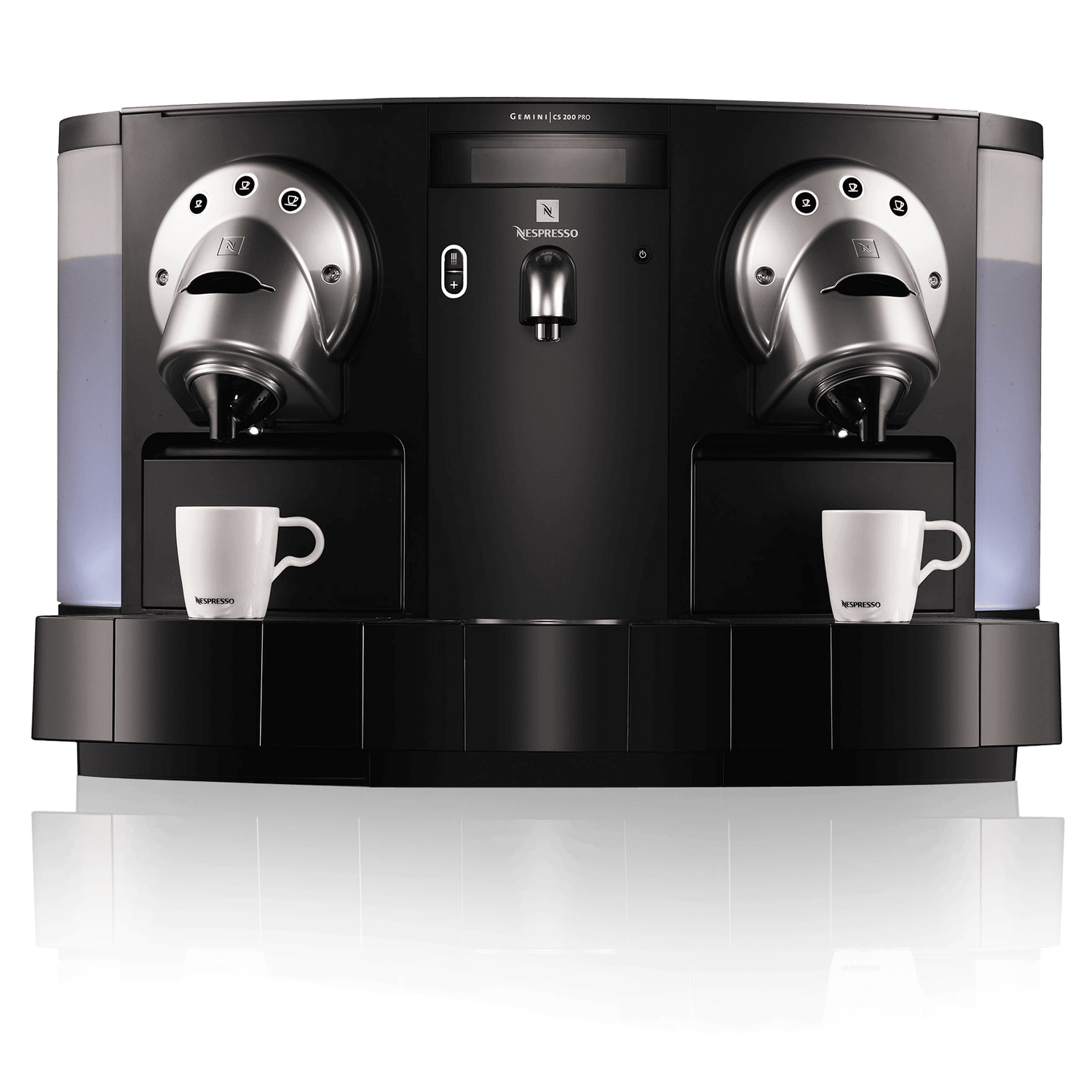 Nespresso Gemini CS200 and CS220 Pro commercial espresso machine with dual coffee spouts dispensing espresso into white cups, front view.