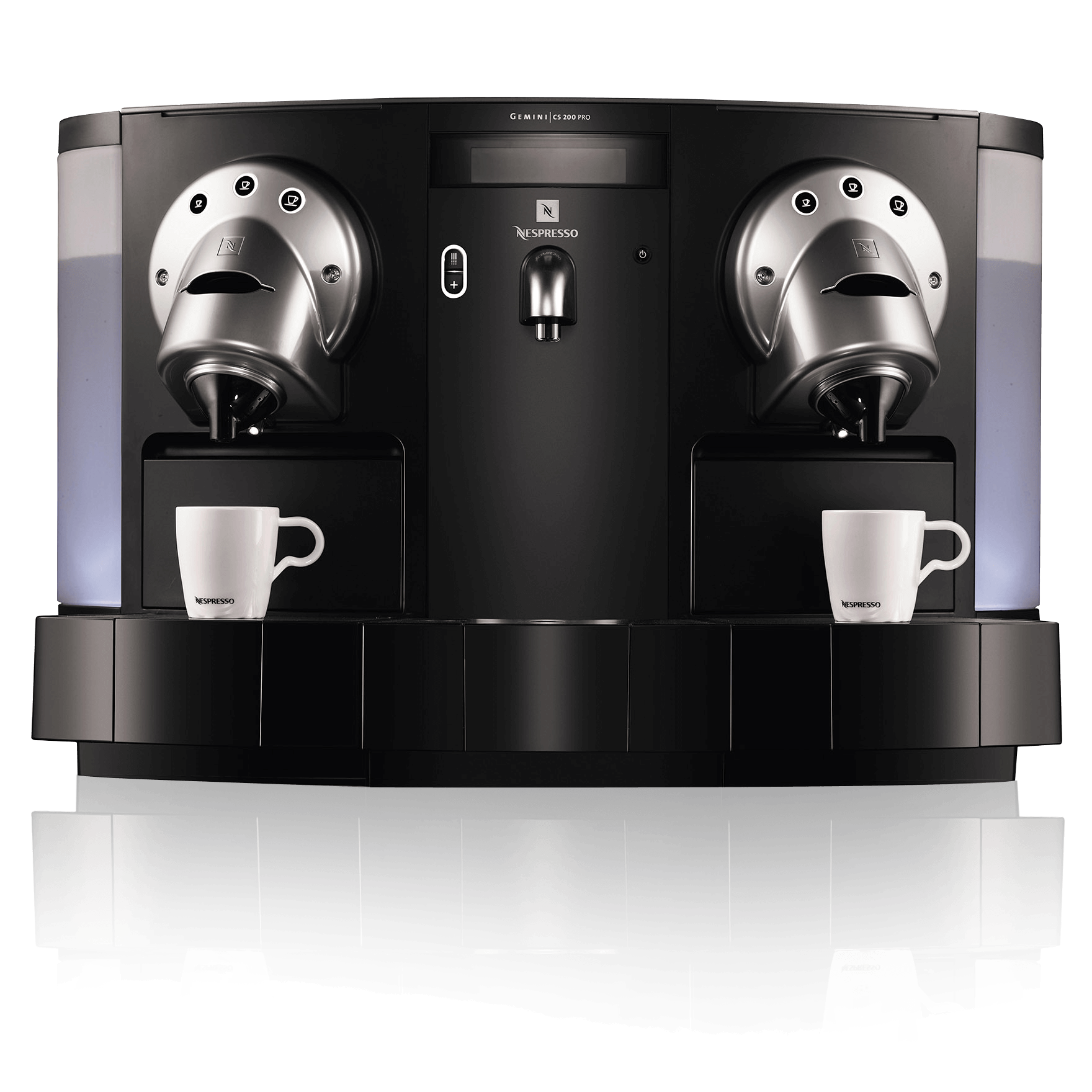 Nespresso Gemini CS200 and CS220 Pro commercial espresso machine with dual coffee spouts dispensing espresso into white cups, front view.