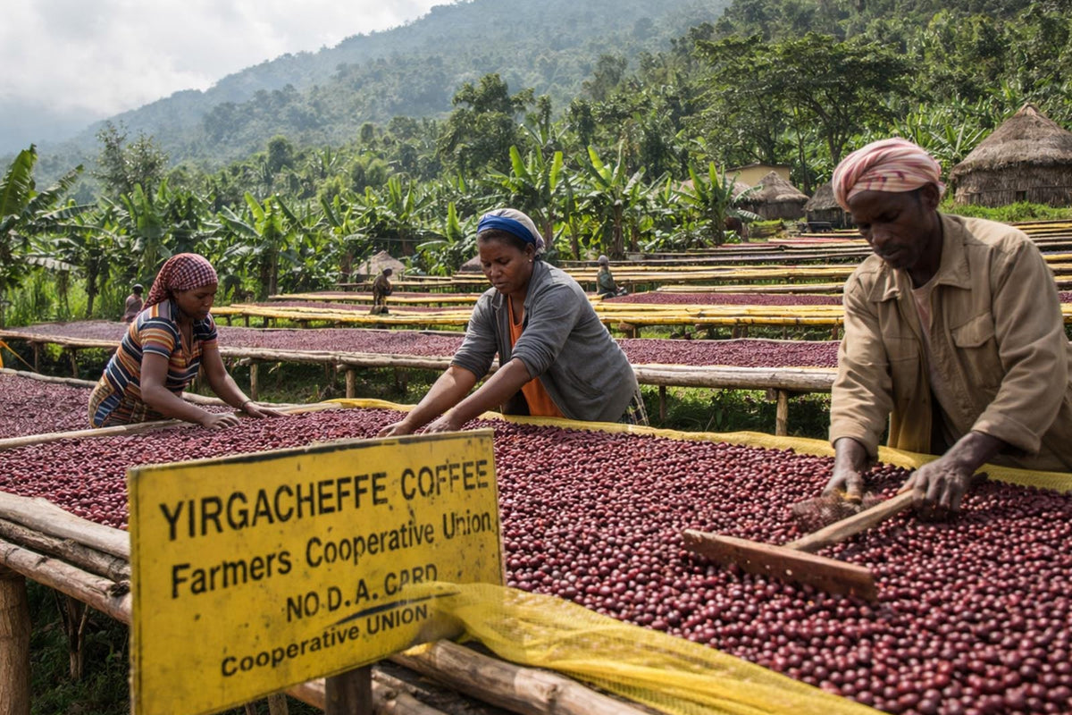 Coffee cherries drying on raised beds at a Yirgacheffe cooperative in Ethiopia, tended by local farmers.