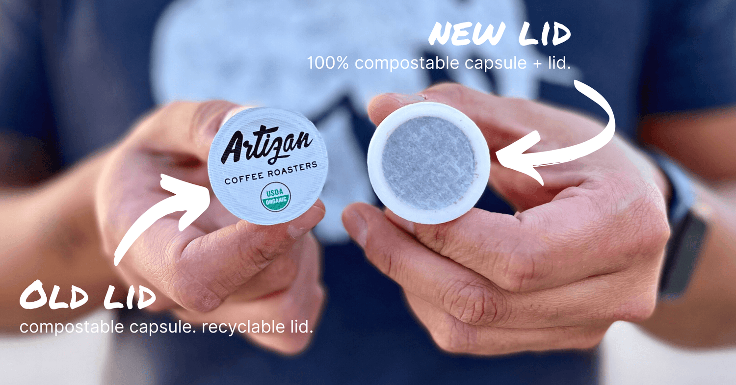 Image of New Compostable Lid of the Right VS Old Aluminum Lid on the Left for Nespresso Capsules