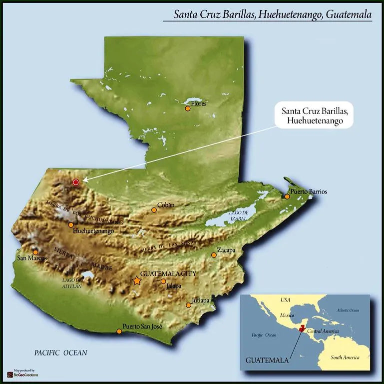 Map of Guatemala highlighting Santa Cruz Barillas in the Huehuetenango region, a well-known highland coffee area near the Mexican border.