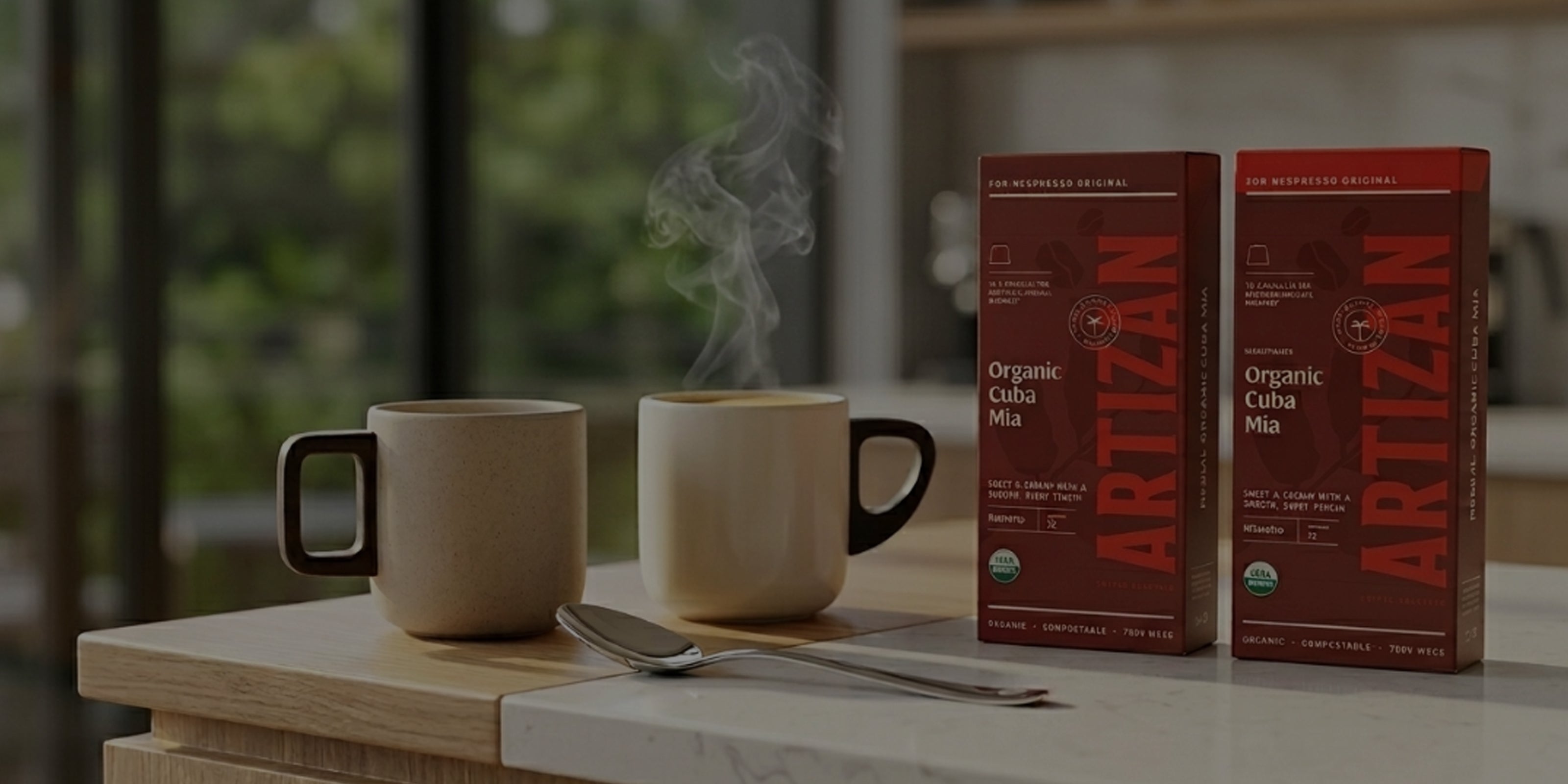 espresso cups with coffee cupping spoon, with artizan organic cuba mia and organic cuba mia decaf