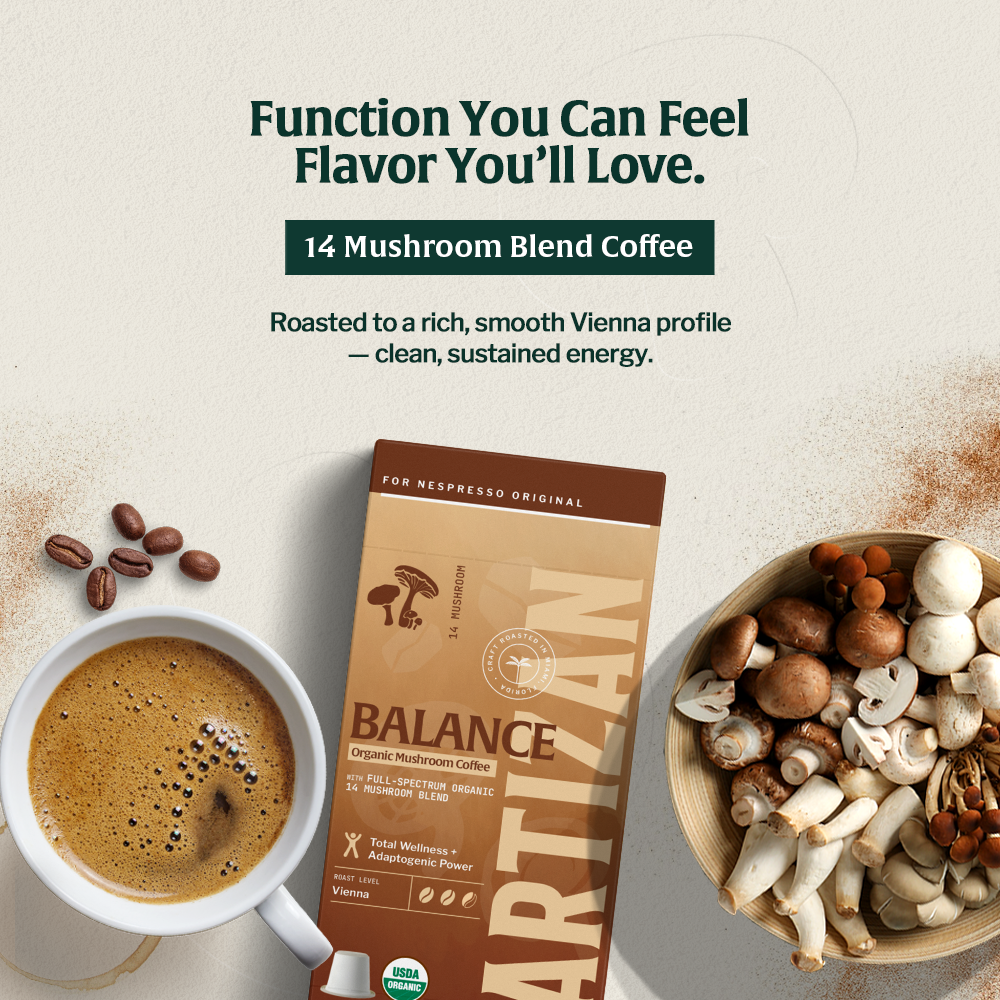 Artizan Organic 14 Mushroom Blend Coffee – smooth Vienna roast with functional mushrooms for balance and energy.