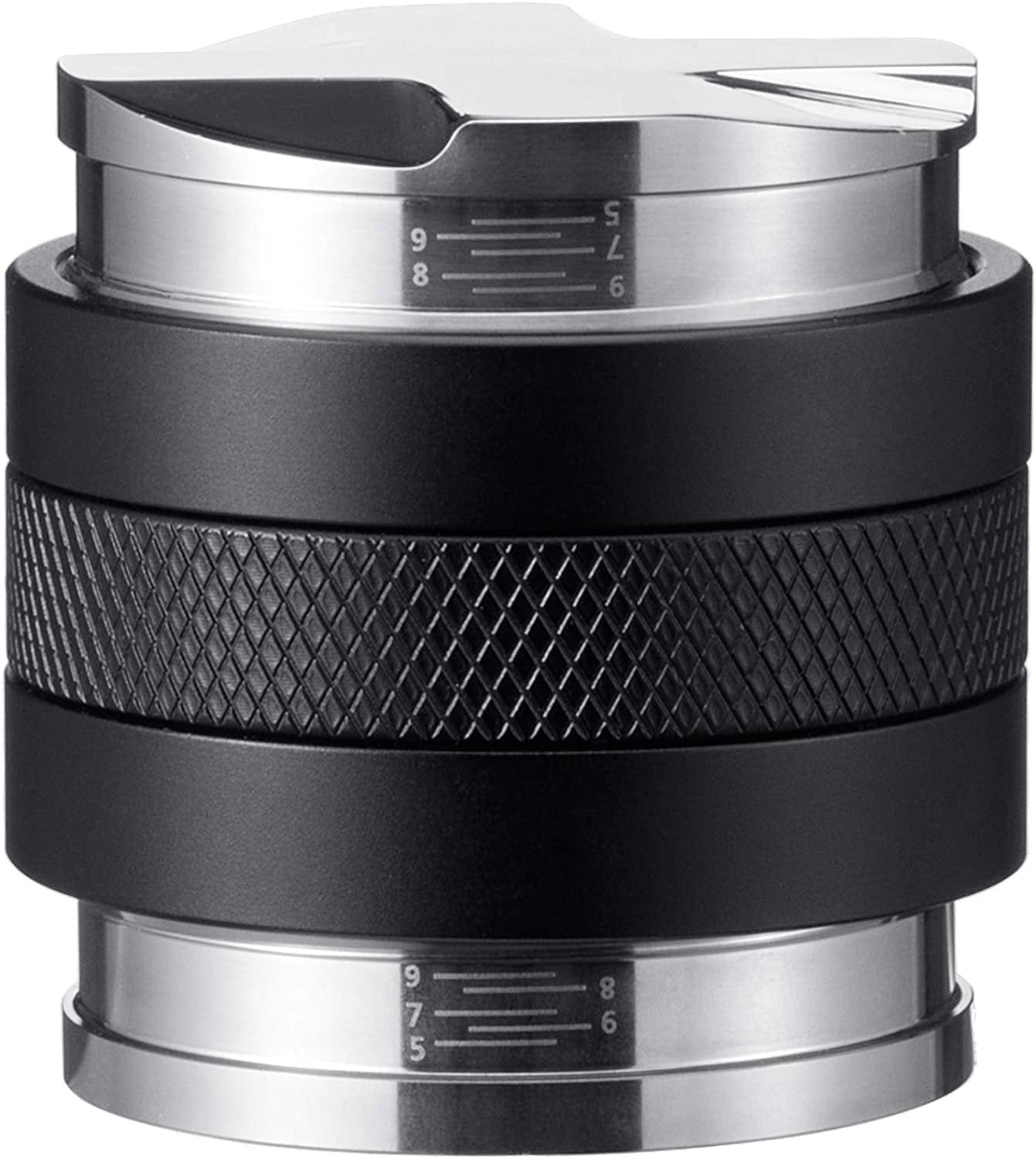Stainless steel 58mm espresso distributor and tamper with dual-sided base and indicator markings