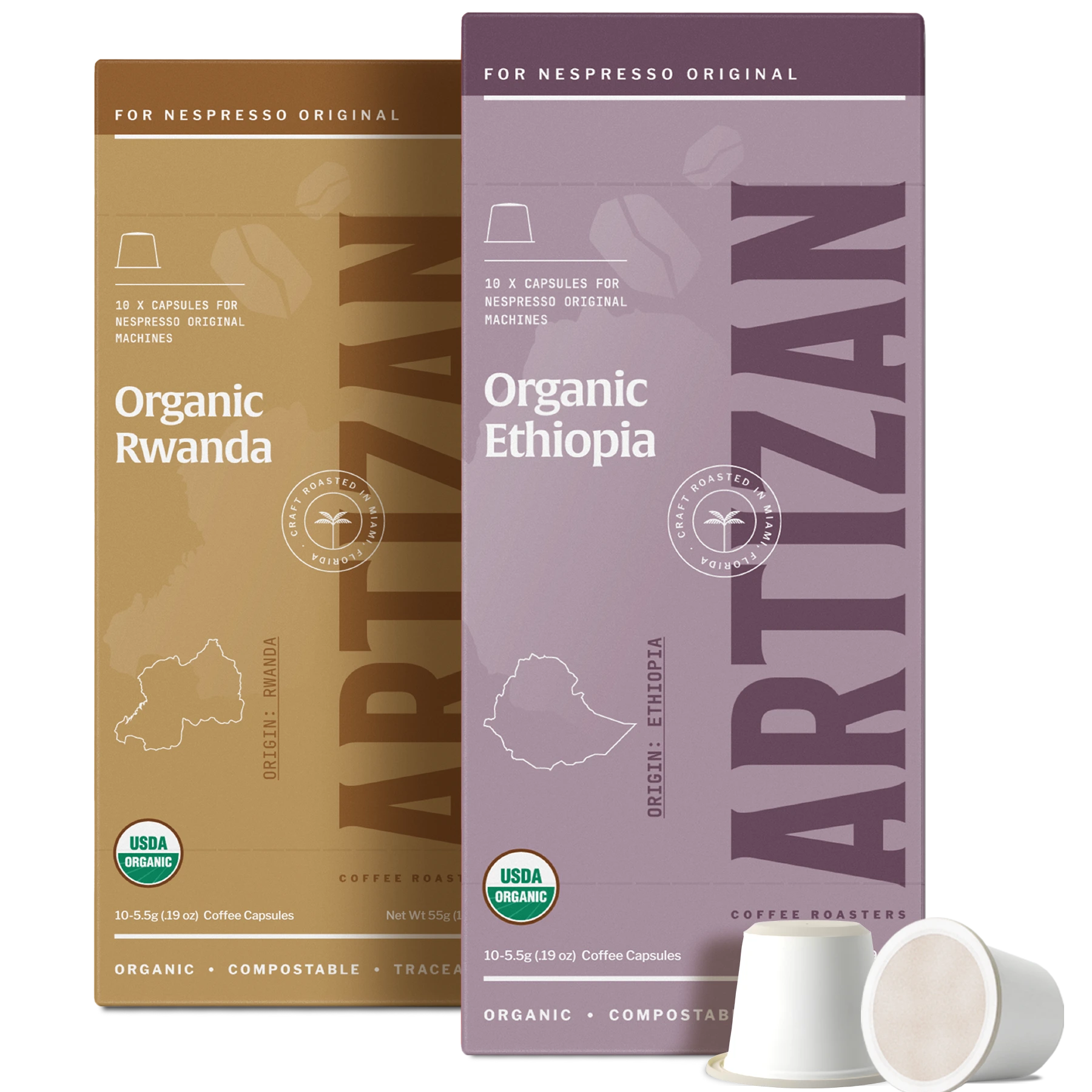 Artizan African single-origin coffee pods duo: Organic Rwanda and Organic Ethiopia. USDA organic, compostable capsules for Nespresso Original.