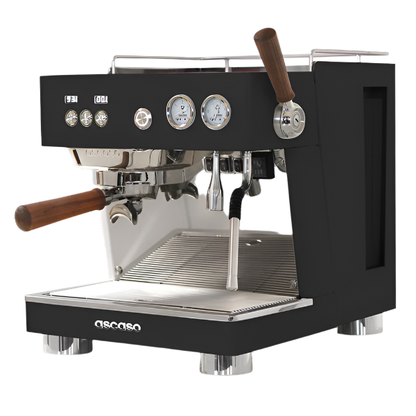 Angled Left Side of Black Version of Ascaso Baby T Plus Automatic Espresso Machine