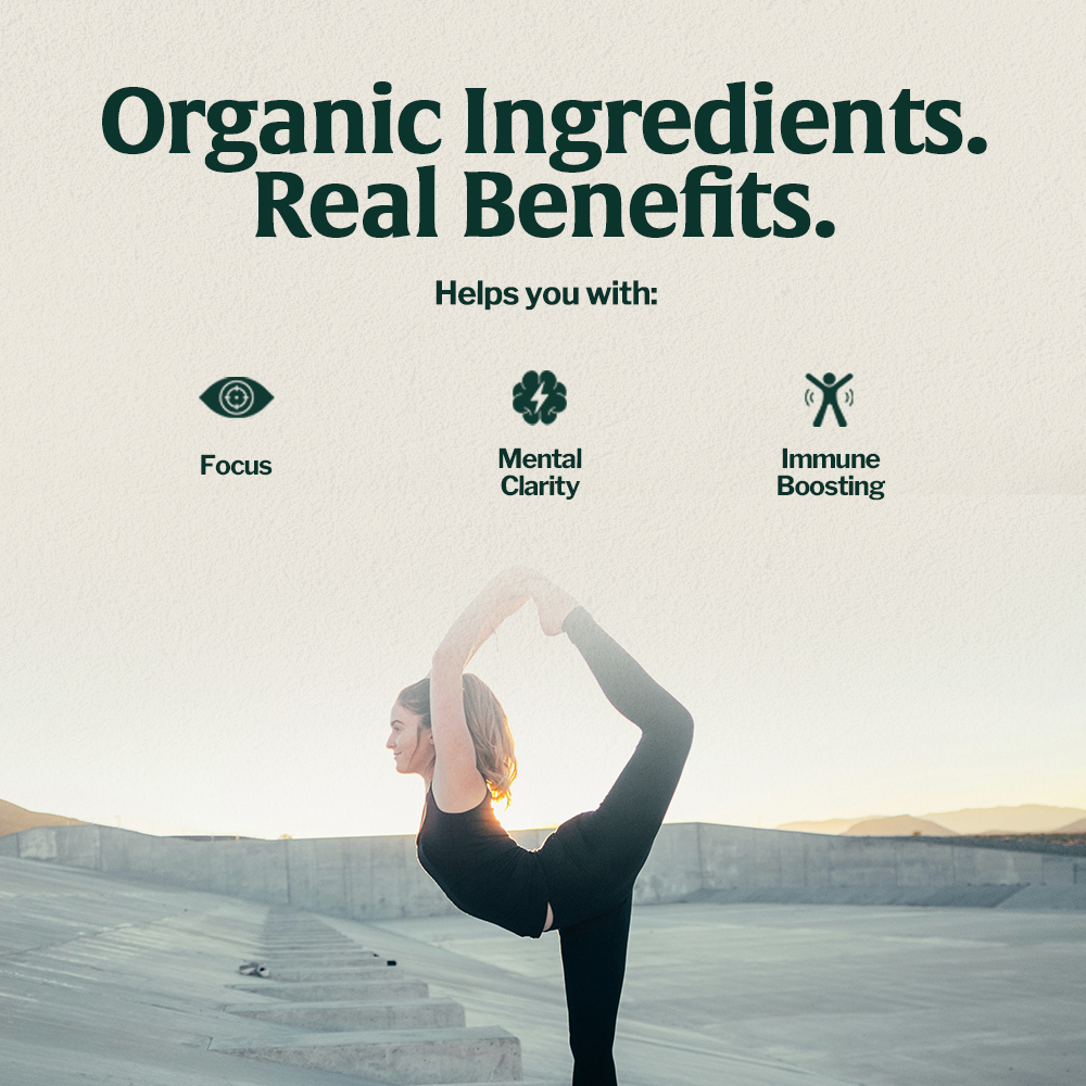 A woman practicing yoga against a scenic backdrop, promoting organic ingredients and their benefits.