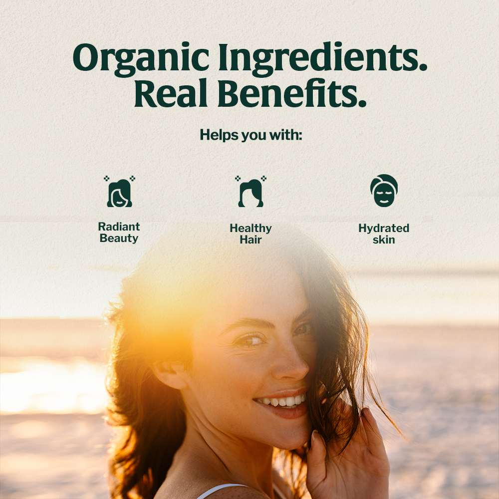 A woman smiling in sunlight, featuring text about organic ingredients and their benefits for beauty, hair, and skin.
