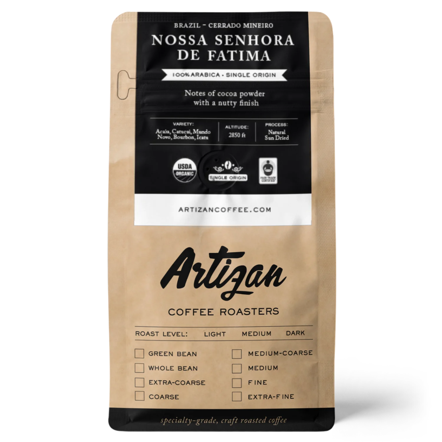 Package of Artizan coffee featuring Nossa Senhora de Fatima blend, with notes of cocoa powder.