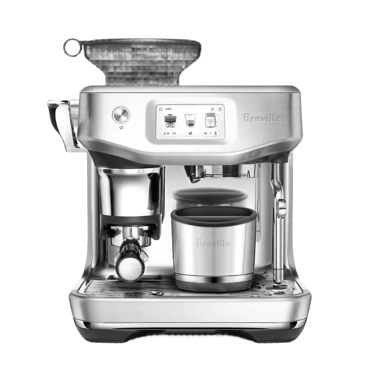 Showing the Breville Knock Box 10 on the espresso machine on how it look