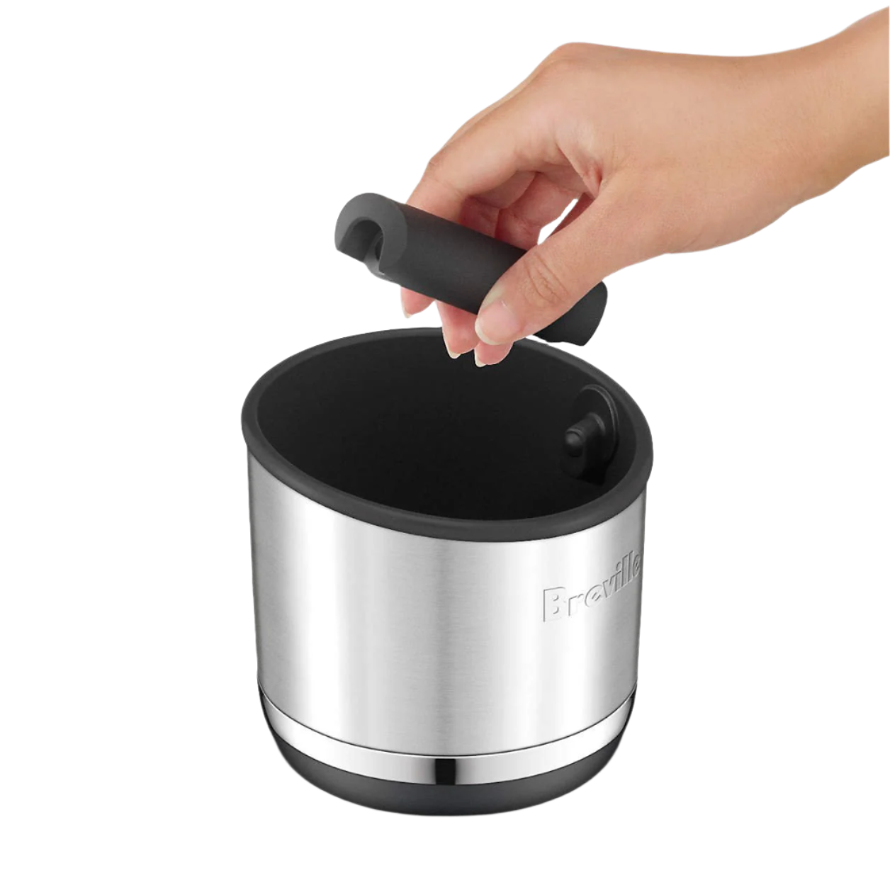Breville Knock Box 20 angled side view with stainless steel removable inner container visible