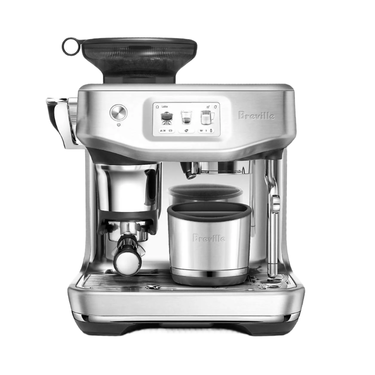 Showing the breville knock box 20 on the espresso machine
