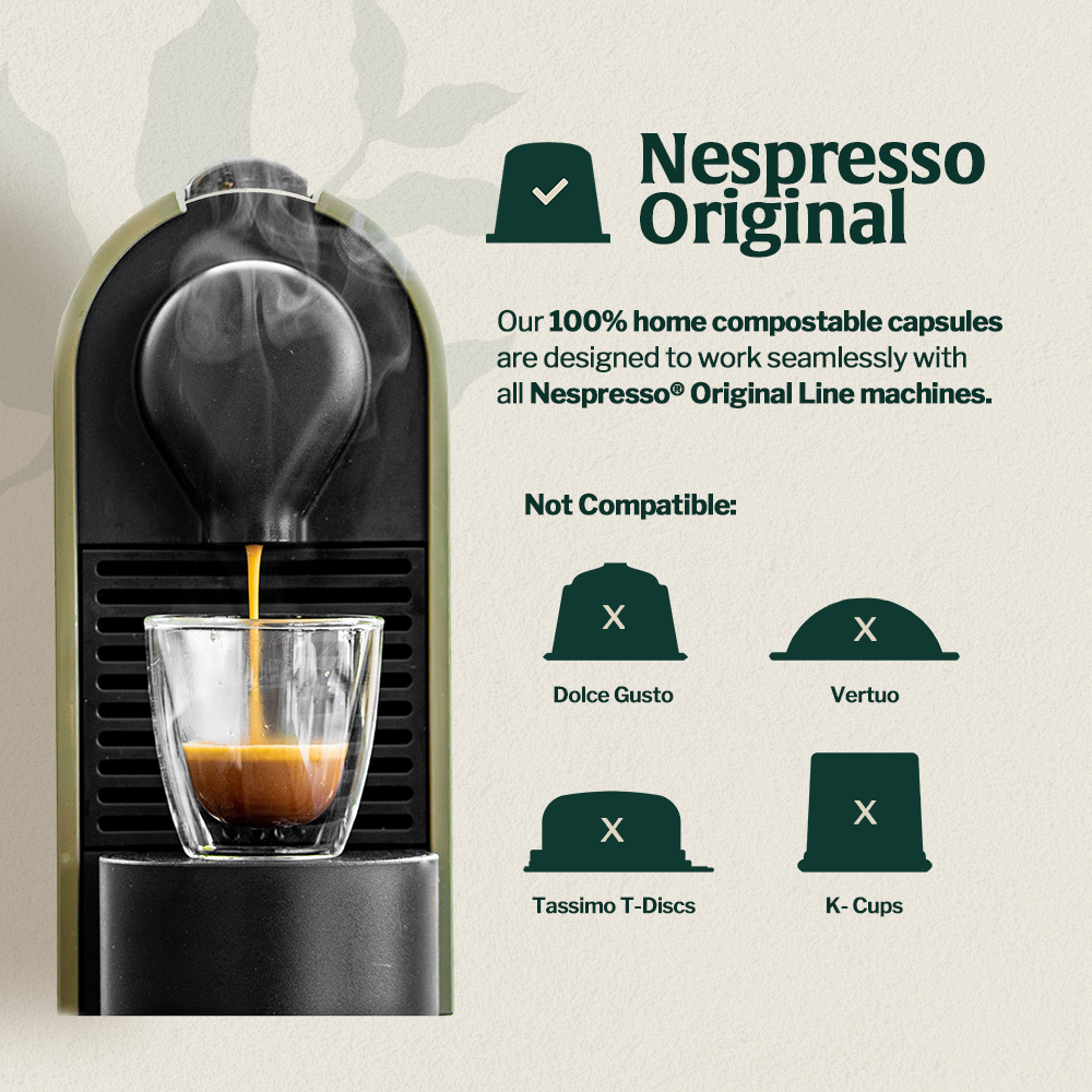 Nespresso Original coffee machine with instructions on compatible capsules.