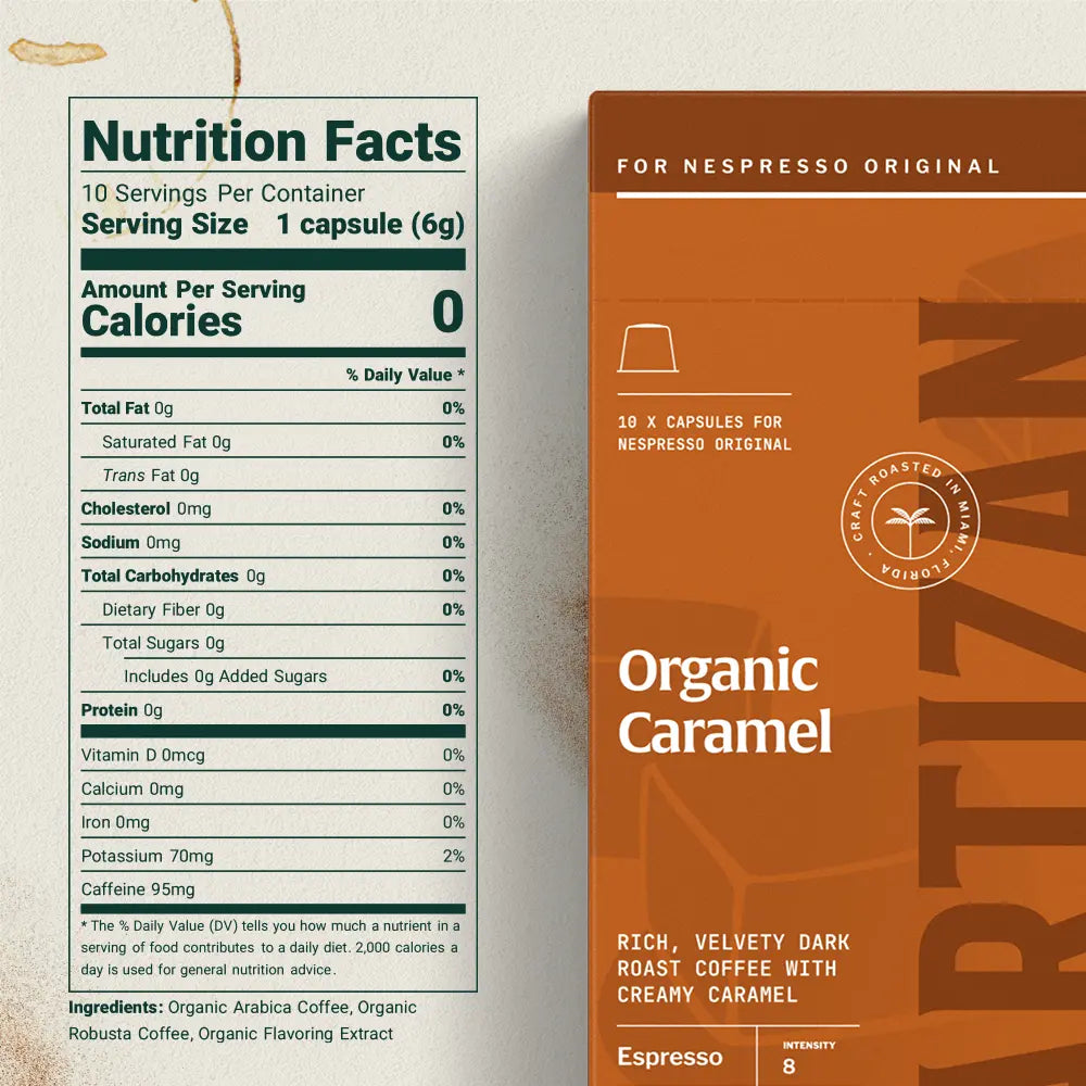 Nutrition facts label and Organic Caramel espresso pod packaging for Nespresso Original.