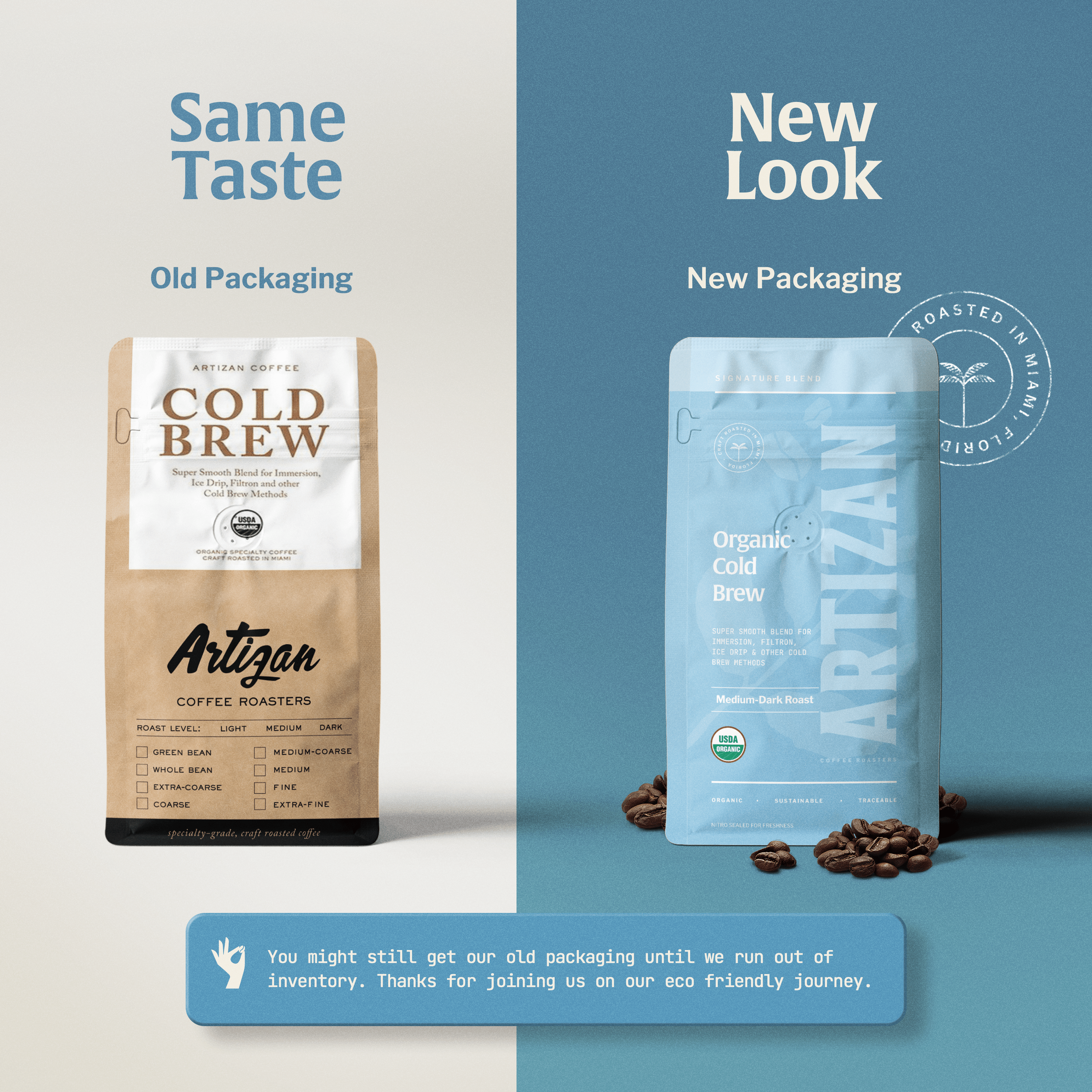 Image of Old and New Packaging of Organic Cold Brew Coffee Bean and Ground Bag of Artizan Coffee Roasters.