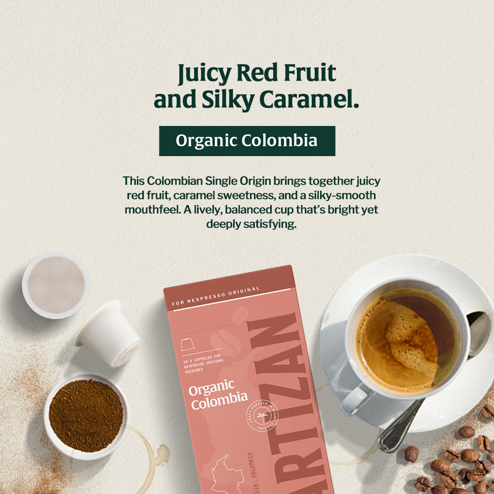Organic Colombia Coffee – Single Origin with red fruit, caramel sweetness, and a smooth, balanced finish.