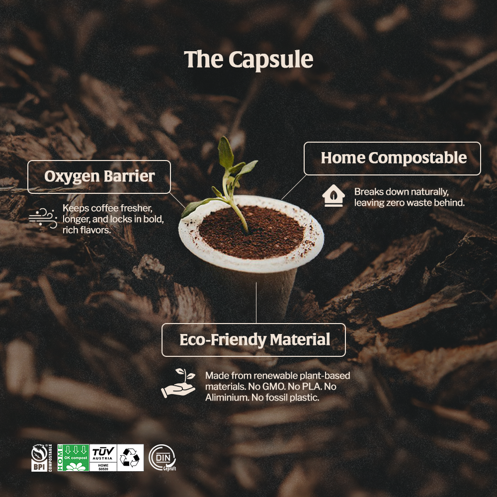 An eco-friendly coffee capsule with a sprouting plant, showcasing its compostable and oxygen barrier features. Home Compostable: Breaks down naturally, leaving zero waste behind. Oxygen Barrier: Keeps coffee fresher, longer, and locks in bold, rich flavor. Eco-Friendly Material: Made from renewable plant-based materials. No GMO, No PLA, No Aluminum, No fossil plastic.