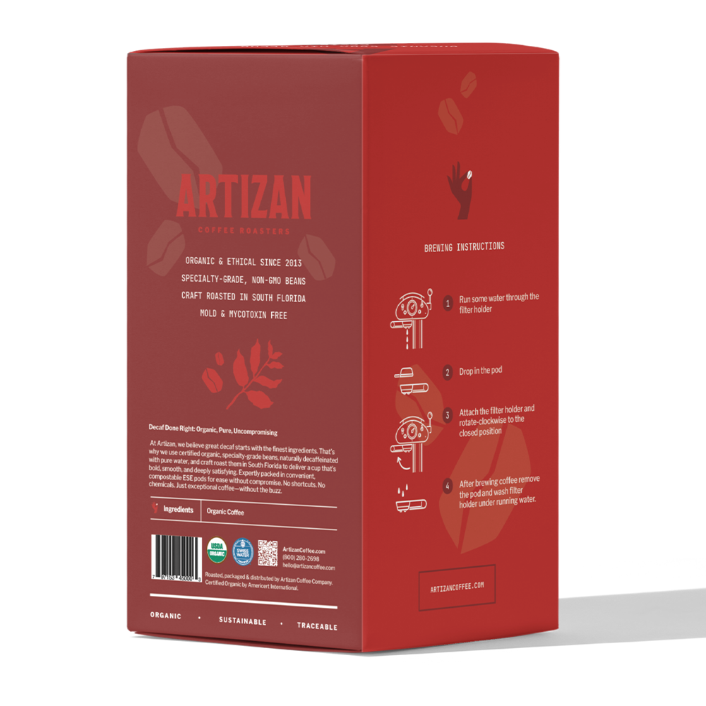 Organic Cuba Mia Decaf ESE Coffee Pods dark roast - 18 pods back view of the box with clear background