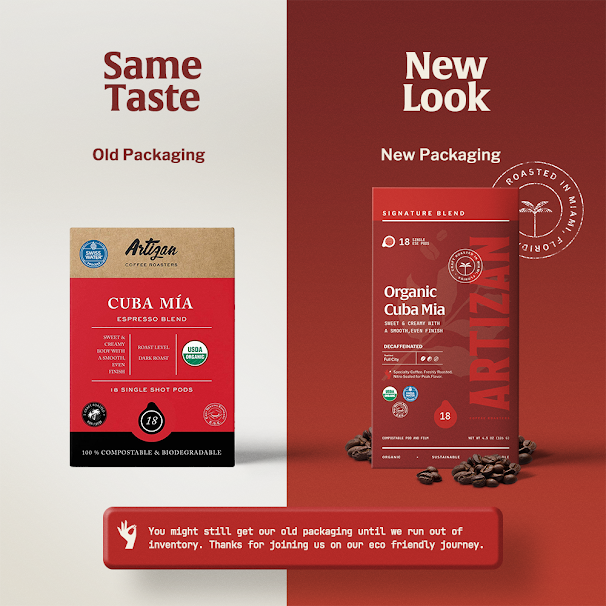 Comparison of old boxes and new boxes of the Cuba Mia Decaf ESE - 18 pods