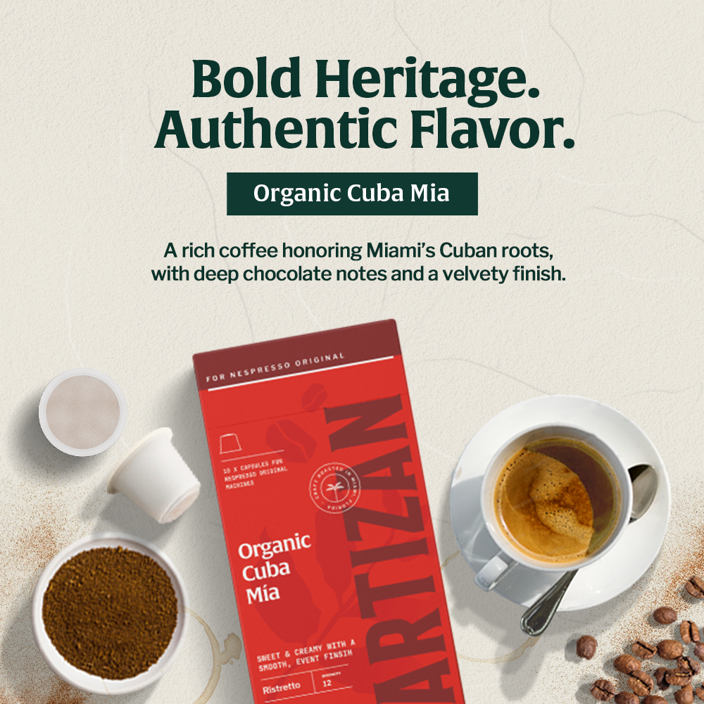 Package of Organic Cuba Mia coffee with a cup of coffee and coffee ingredients, highlighting its bold heritage and authentic flavor.