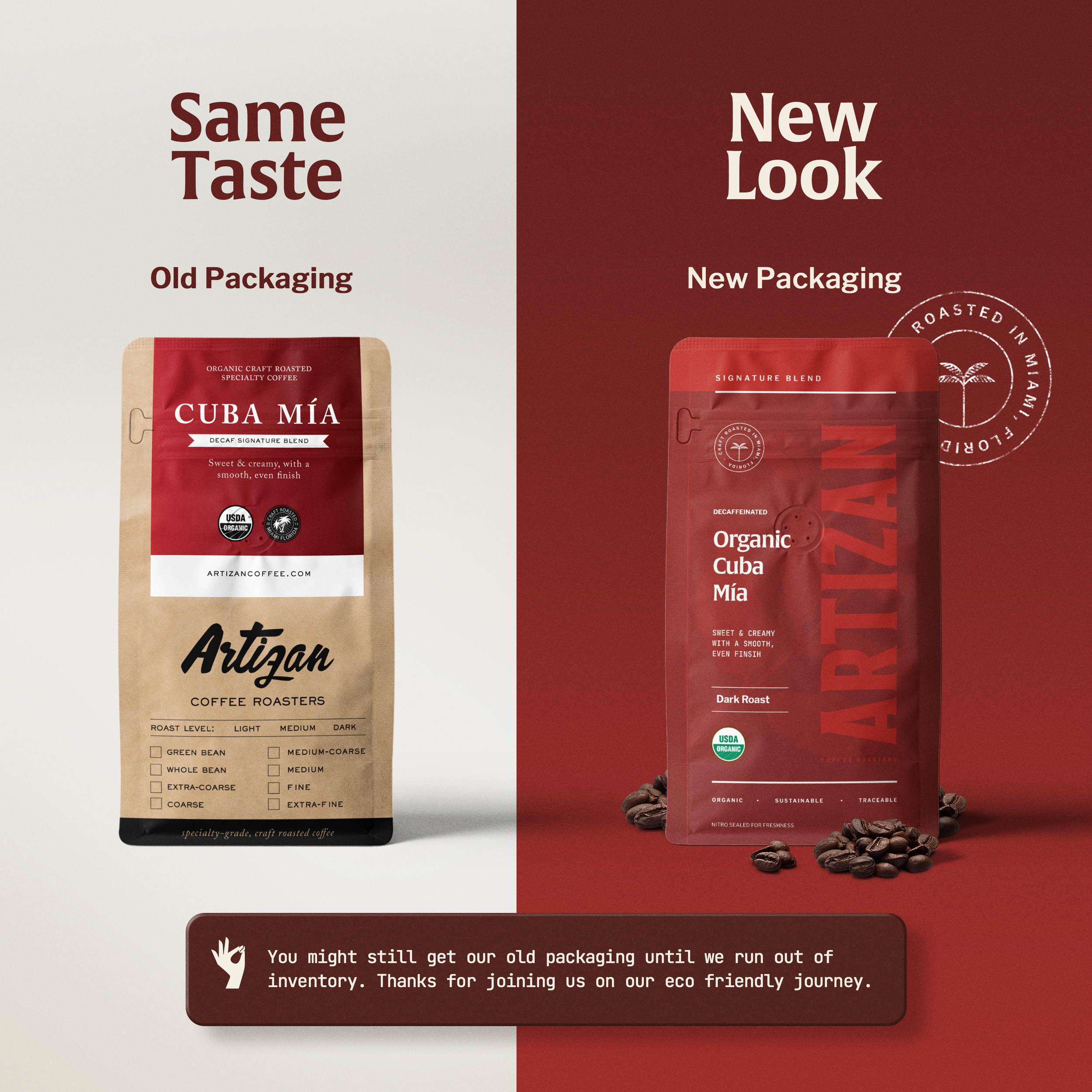 An Image Showing the Old and New Packaging of Organic Cuba Mia Whole Bean and Ground Coffee Announcing the New Packaging.