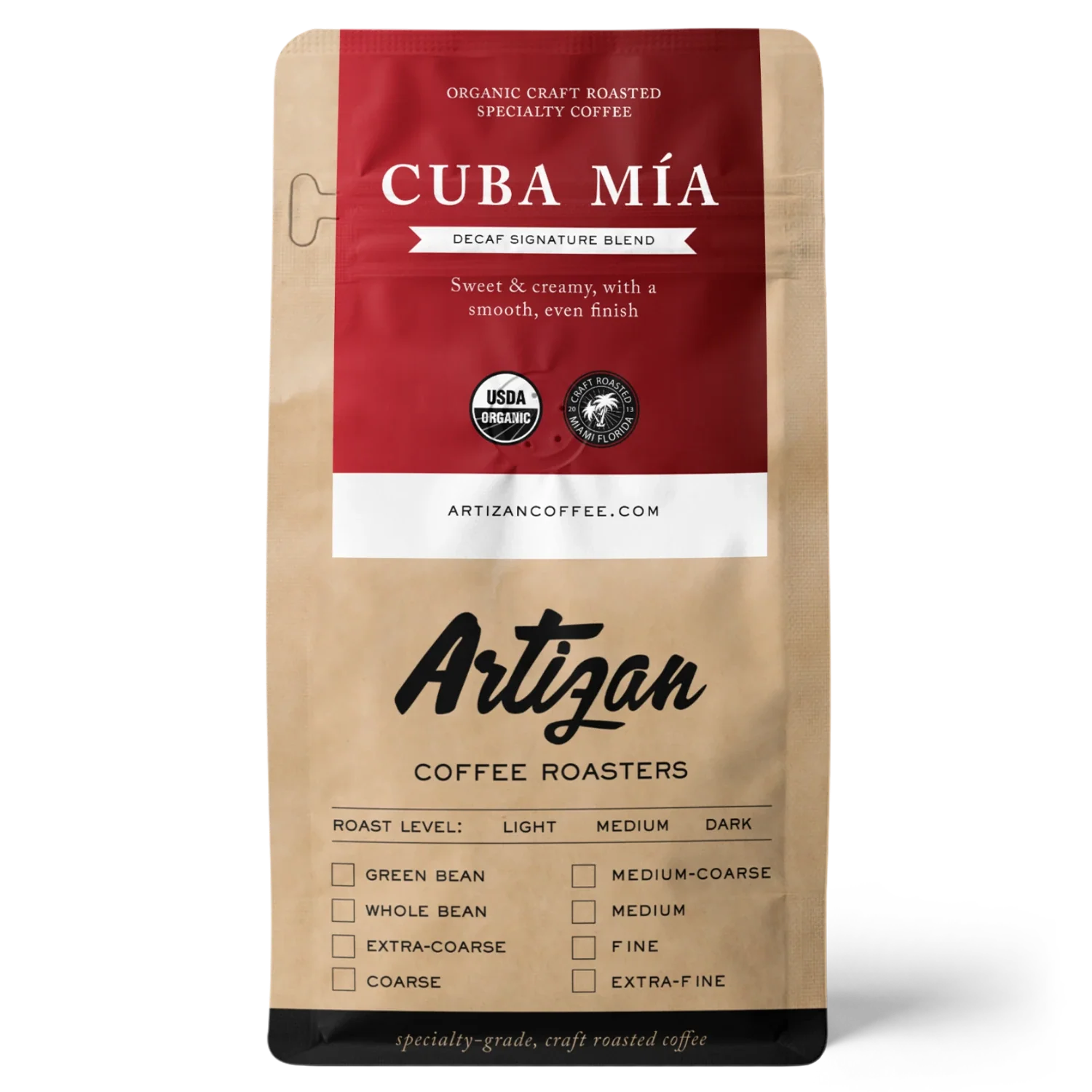 Package of Cuba Mía organic decaf coffee with roast level indicators.