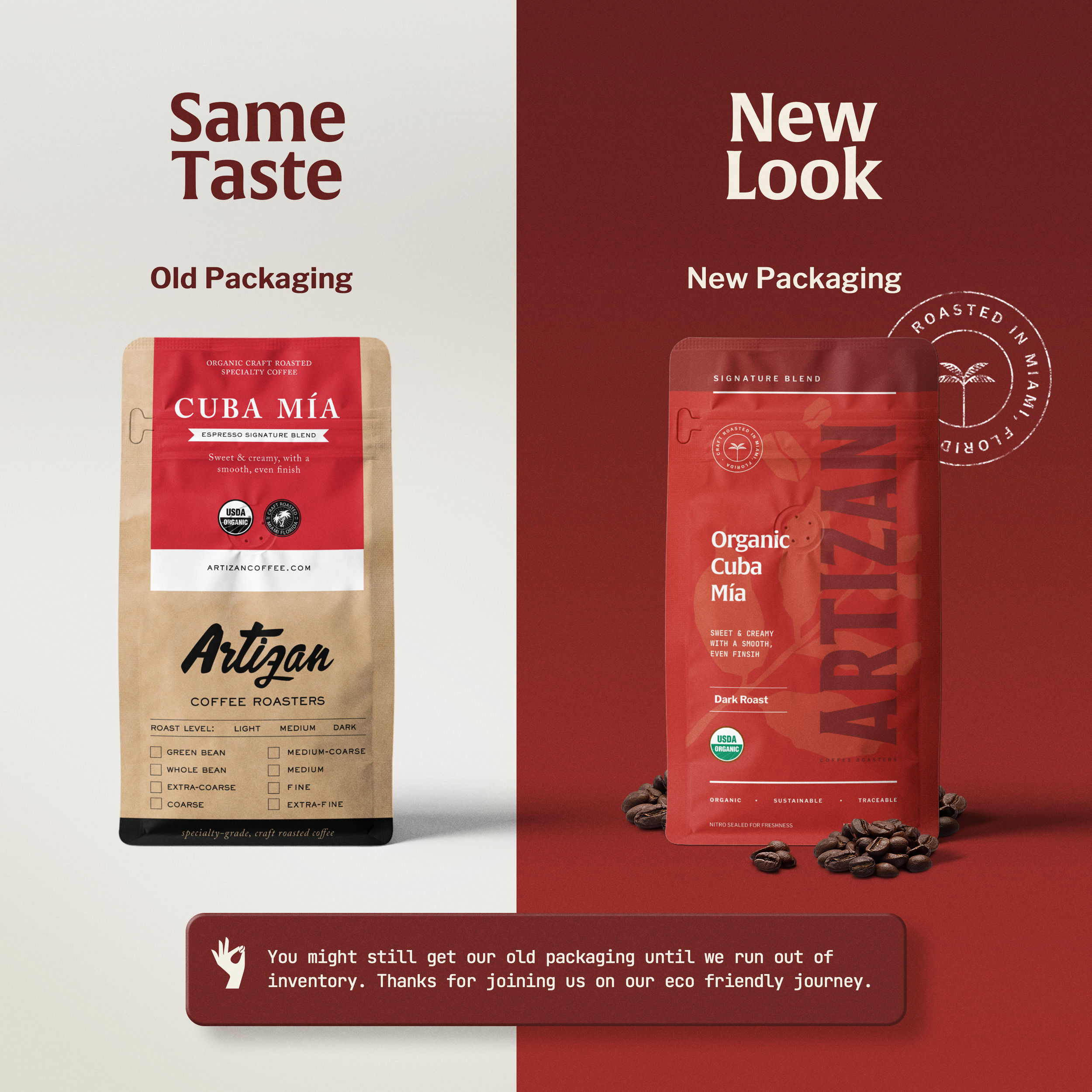 Image of the Old and New Packaging Compared of Organic Cuba Mia Whole Bean and Ground Coffee.