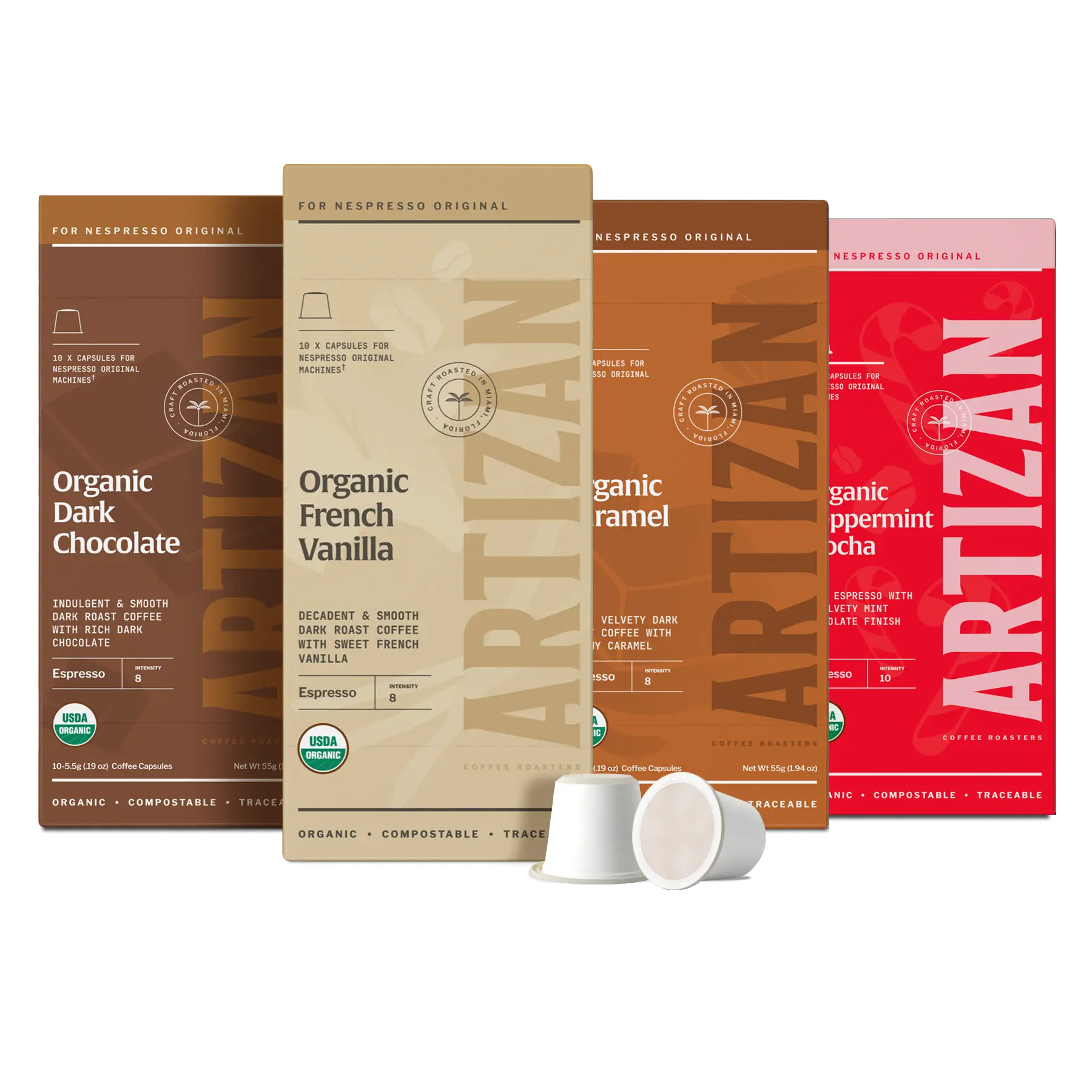 Artizan Organic flavored Nespresso Original compatible compostable coffee capsules, showing Dark Chocolate, French Vanilla, Caramel, and Peppermint Mocha blends.