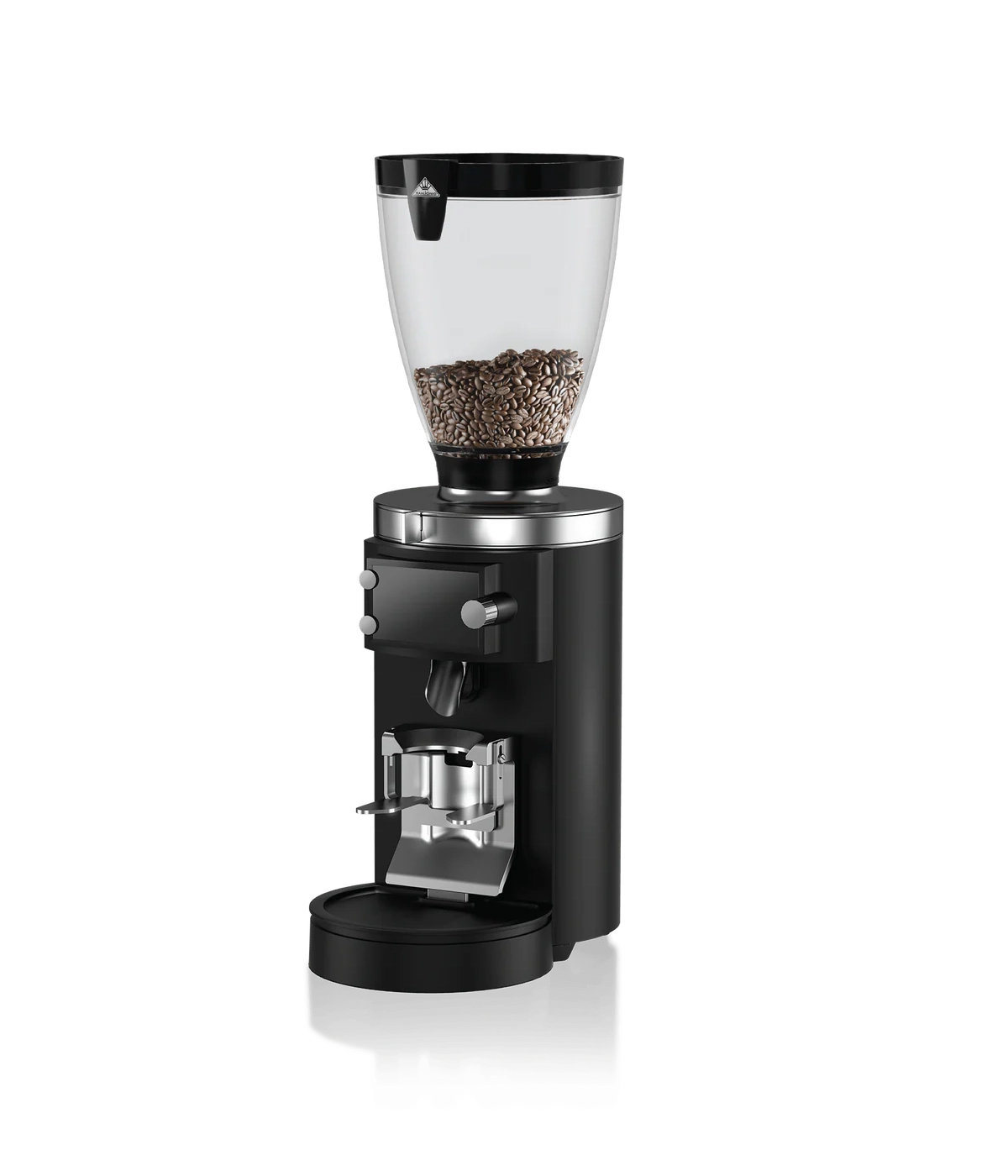 Commercial coffee grinder with beans in hopper, professional espresso grinder machine.