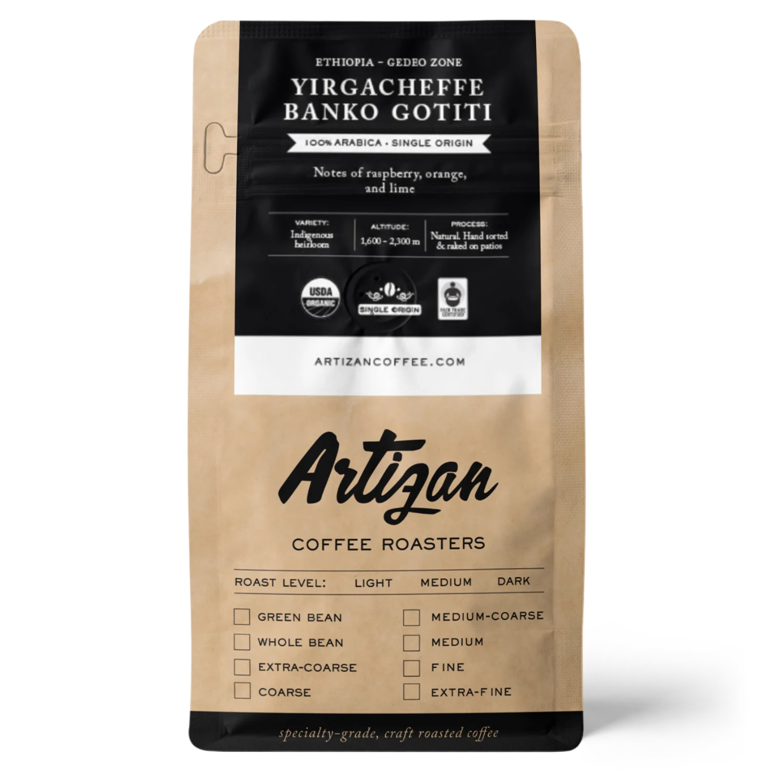 Bag of Artizan Coffee Roasters Yirgacheffe Banko Gotiti with tasting notes and roasting information.