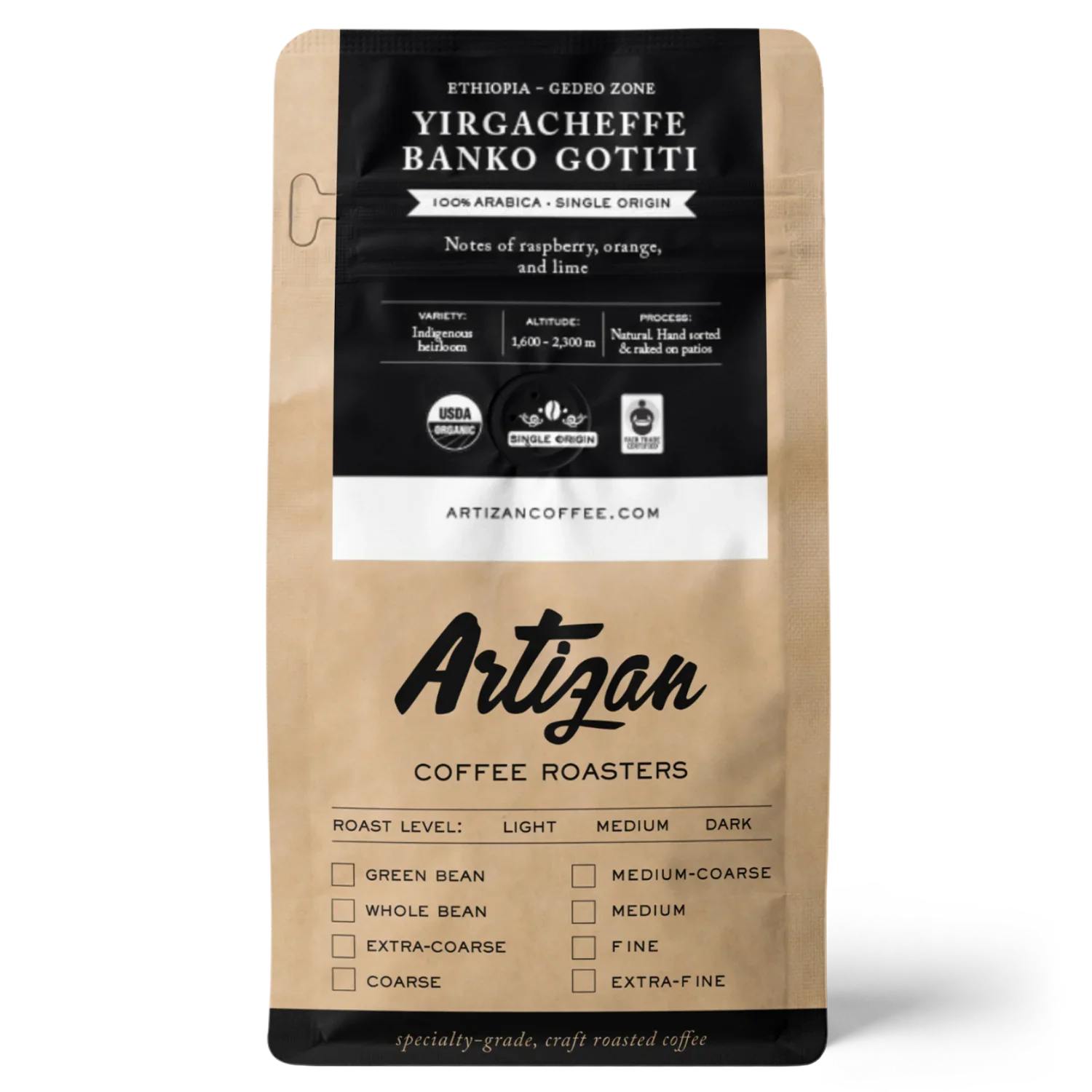 Bag of Artizan Coffee Roasters Yirgacheffe Banko Gotiti with tasting notes and roasting information.