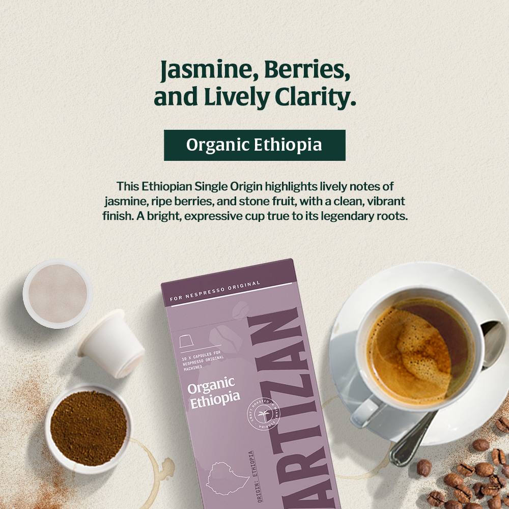 Organic Ethiopia Coffee – Single Origin with jasmine, berry, and stone fruit notes, bright and vibrant flavor.