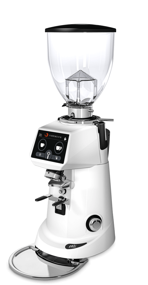 Angled front image of white variant of Fiorenzato F83 E PRO On Demand Espresso Grinder