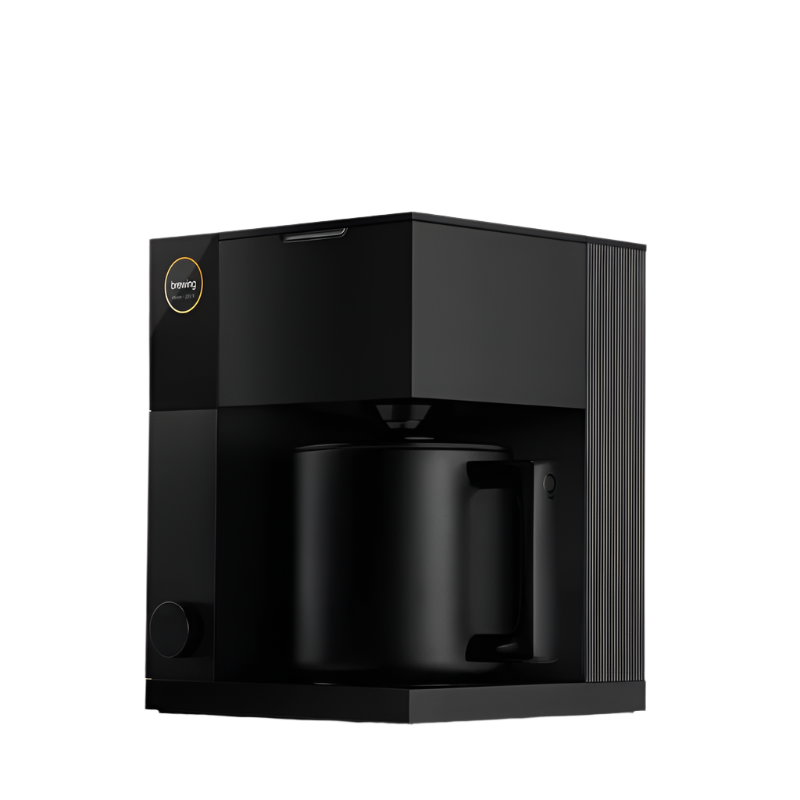 Side angle of the Fellow Aiden Coffee Maker highlighting its compact modern design.