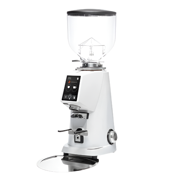 Angled Front image of White variant Fiorenzato F4 EVO On Demand Espresso Grinder side view