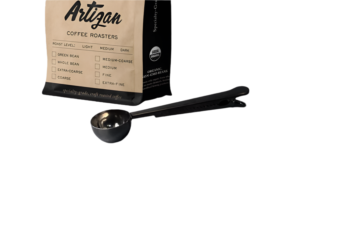 Free gift set featuring Artizan Coffee scoop with clip and 10oz bag of organic coffee beans