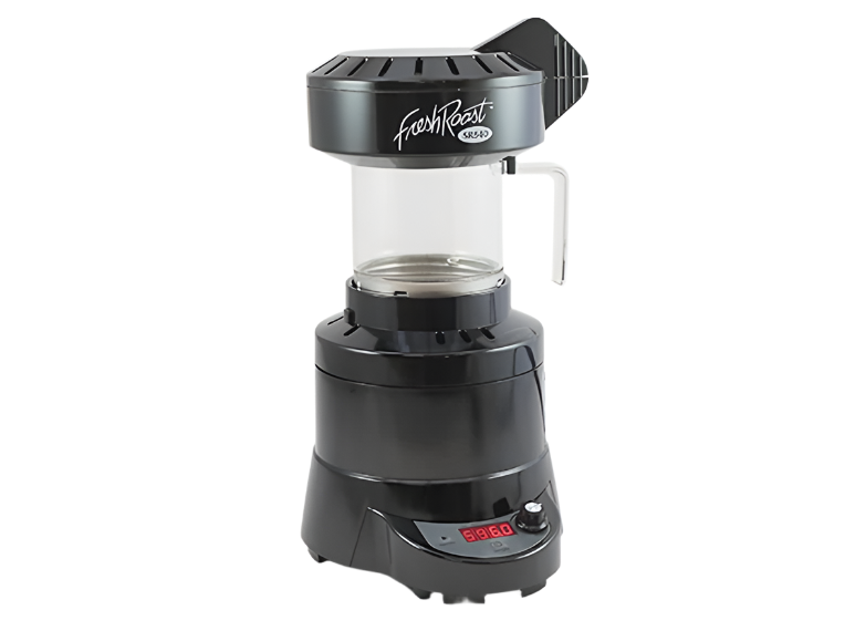 Side view of Fresh Roast SR540 electric home coffee roaster showing compact design and transparent roasting chamber